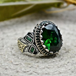 Men Emerald Ring-Turkish Handmade Men&#39;s Ring-Gift for Him-925 Sterling Silver Men Ring