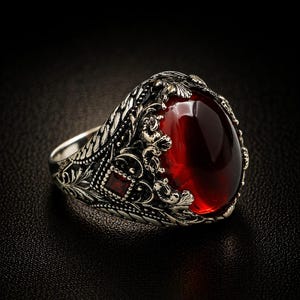 Op de afbeelding: Een zilveren ring met een ovale, dieprode edelsteen. De ring heeft ingewikkelde, sierlijke details rond de steen en langs de band. Het ontwerp bevat bloemen- en bladerpatronen, wat een vintage of antieke uitstraling creëert.
