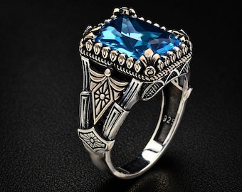 Aquamarine Ring: Turkish Handmade 925 Sterling Silver Men's Ring
