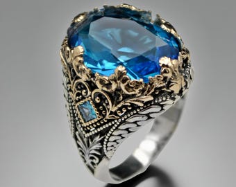 Anello Uomo Argento 925 Massiccio Con Topazio Blu Fatto A Mano – Regalo Gioiello Artigianale Turchia