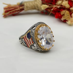 Handmade Sterling Silver American Flag Ring: White Zircon Patriotic Jewelry