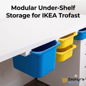 May include: Modular under-shelf storage for IKEA Trofast featuring white plastic mounting brackets attached to a white surface, holding one large blue bin and two smaller yellow bins. The text reads Modular Under-Shelf Storage for IKEA Trofast.