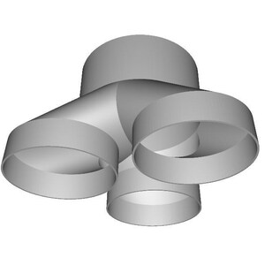 Puede incluir: Una representación 3D de un racor de tubería gris de cuatro vías. El racor tiene forma cilíndrica con cuatro aberturas, cada una con sección transversal circular. El diseño es simple y geométrico, con superficies lisas y bordes redondeados.