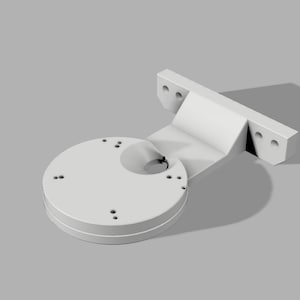May include: A white, 3D-printed bracket with a circular base and an angled support arm. The base has multiple small holes, and the arm has three holes for mounting. The object is designed for mechanical or structural support.