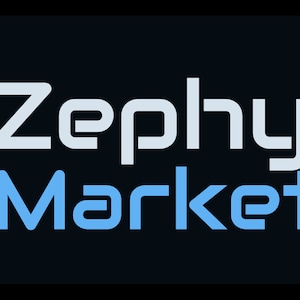 Puede incluir: Un icono de carrito de compras amarillo con el texto "Zephyr's Market" en letras azules y grises.