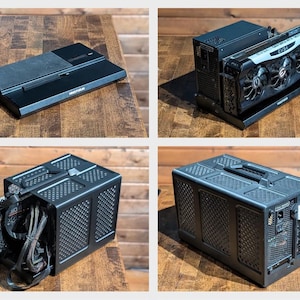 May include: A black computer case with a handle and ventilation holes. The case is shown with a graphics card installed, and also shown disassembled. The brand name is visible on the case.