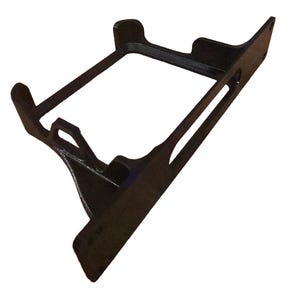 May include: A black metal bracket featuring a rectangular frame and angled support beams. The bracket has a robust design with cut-out details, likely for structural support or mounting purposes.