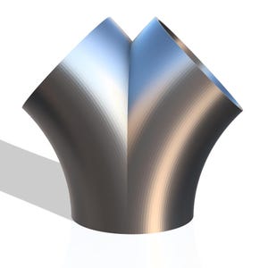 Puede incluir: Escultura abstracta renderizada digitalmente con forma de jarrón curvado. El objeto presenta un degradado de colores, que va del gris oscuro al beige claro y al azul. El diseño es simétrico y parece estar hecho de un material liso y reflectante.