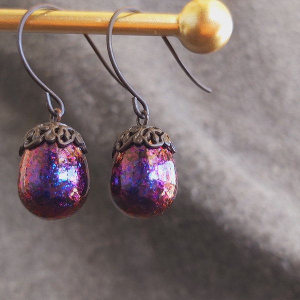 Tiny Drop Pendant Earrings • Colorshift Pigment Flakes • Domed Filigree Bead Cap • Aged Black Oxidized Patina • Round Ear Wire • Thresher