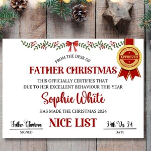 Certificado de lista de buenos deseos personalizado de Papá Noel, descarga digital editable para imprimir en casa, certificado de Papá Noel personalizado