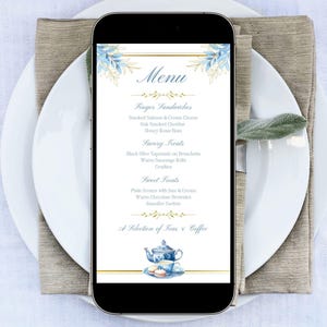 Blau Nachmittagstee Menü, sofortiger digitaler Download Telefon, noble Gartenparty, Geburtstag, Brautfeier, Passende Artikel, Chinoiserie