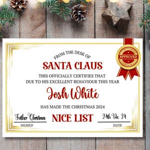 Certificado personalizado de lista de buenos amigos de Papá Noel, descarga digital editable para imprimir en casa, certificado personalizado de Papá Noel en dorado