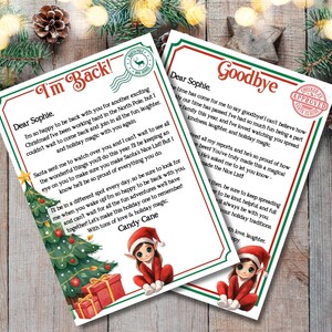 May include: Two Christmas-themed letters from Santa's elf to a child named Sophie. The letters are decorated with green and red borders and feature a cartoon elf illustration. The first letter says "I'm Back!" and the second letter says "Goodbye".