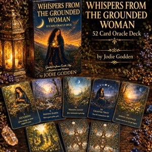 May include: Whispers from the Grounded Woman 52-card oracle deck by Jodie Godden. The box features a woman holding a lantern under a crescent moon. Seven cards are displayed, including Nourish, Resting Earth, Waxing Light, Celestial Trust, Spring Equinox, and Summer Solstice, alongside two cards showing intricate tree illustrations.