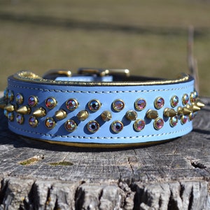 Baby blue Swarovski and Spike genuine leather dog collar diamond collar 1.5” width
