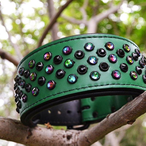Groene leren halsband met Swarovski-diamanten voor honden - 5 cm breed