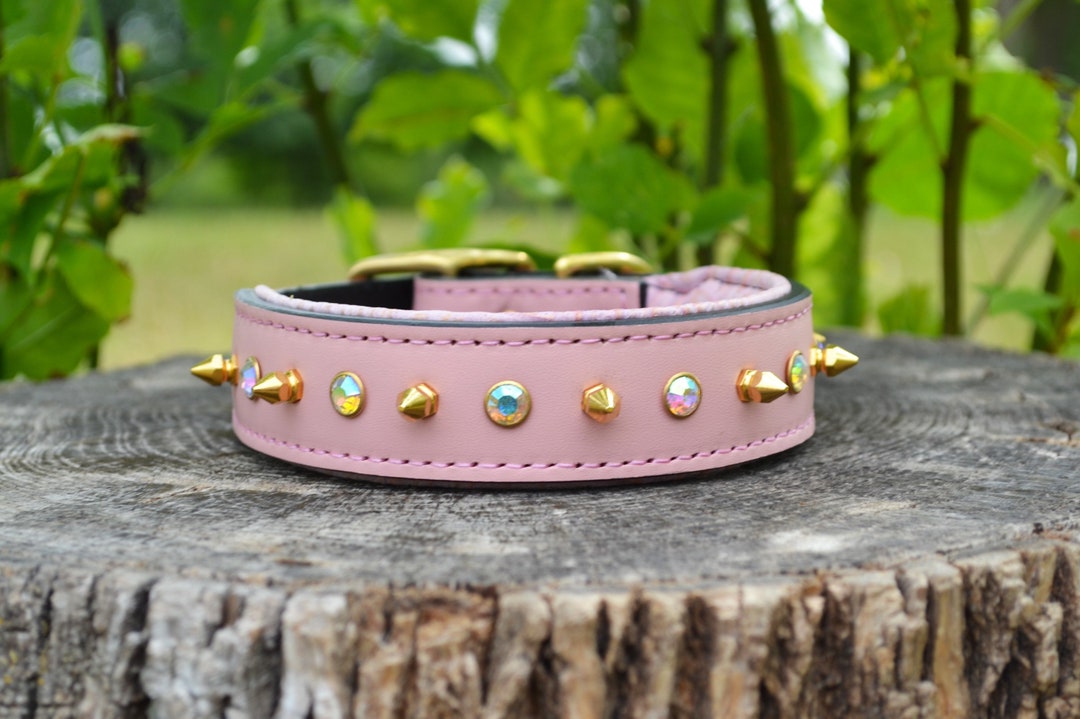 Pink Leather Dog Collar With Gold Spikes, AB Diamonds Padded Interior 1
