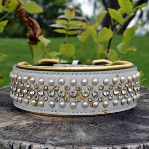 Luxury dog collar white Italian leather diamonds pearls 2” width