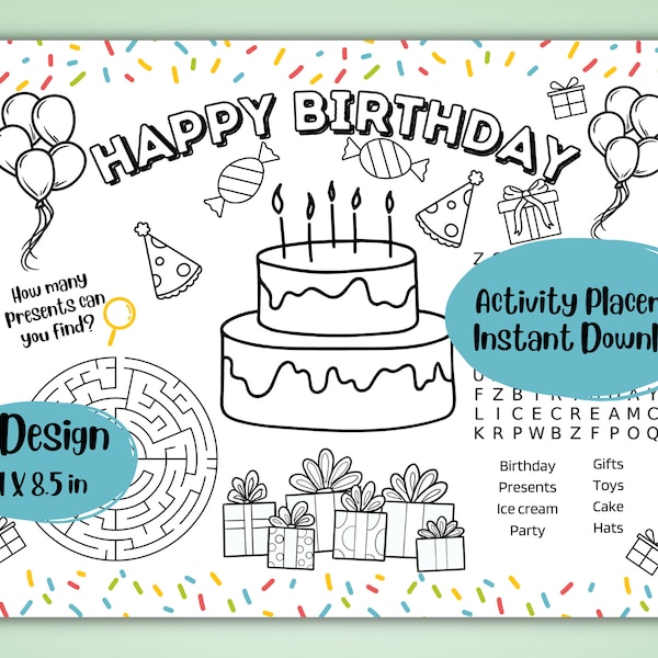 Birthday Place Mat, Activity Sheet, Birthday Download, Birthday Coloring Page, Child Color Activity