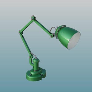 May include: A green desk lamp with an adjustable arm and a rounded lampshade. The lamp has a circular base and a white interior on the lampshade. The lamp is made of metal and has a glossy finish.