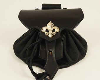 Sac ceinture médiéval cuir noir Fleur de Lys pochette rivet décoratif sac fait main haut médiéval sac cuir pochette France roi