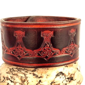Leather bracelet Thor&#39;s Hammer bracelet leather brown embossed U20+22 cm W 4 cm THOR cuff handmade genuine leather Viking Middle Ages unique