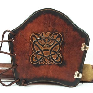 Armguard archery leather brown Celtic mythical creatures punched cuff longbow medieval archery unisex unique protector real leather