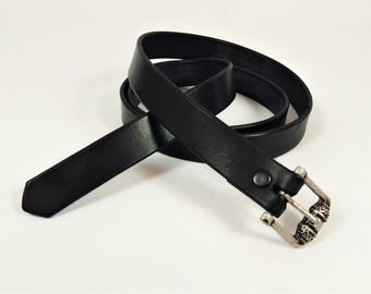 Medieval Belt Leather Black Ladies 135 cm Long Belt W2.5 cm Children Leather Belt Handmade Buckle High Middle Ages Silver Plated Celts