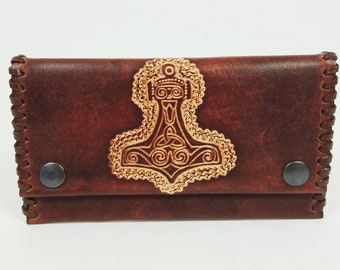 Money pouch tobacco pouch Thor's hammer leather brown hallmarked Viking sheepskin bills tobacco unisex snaps handmade