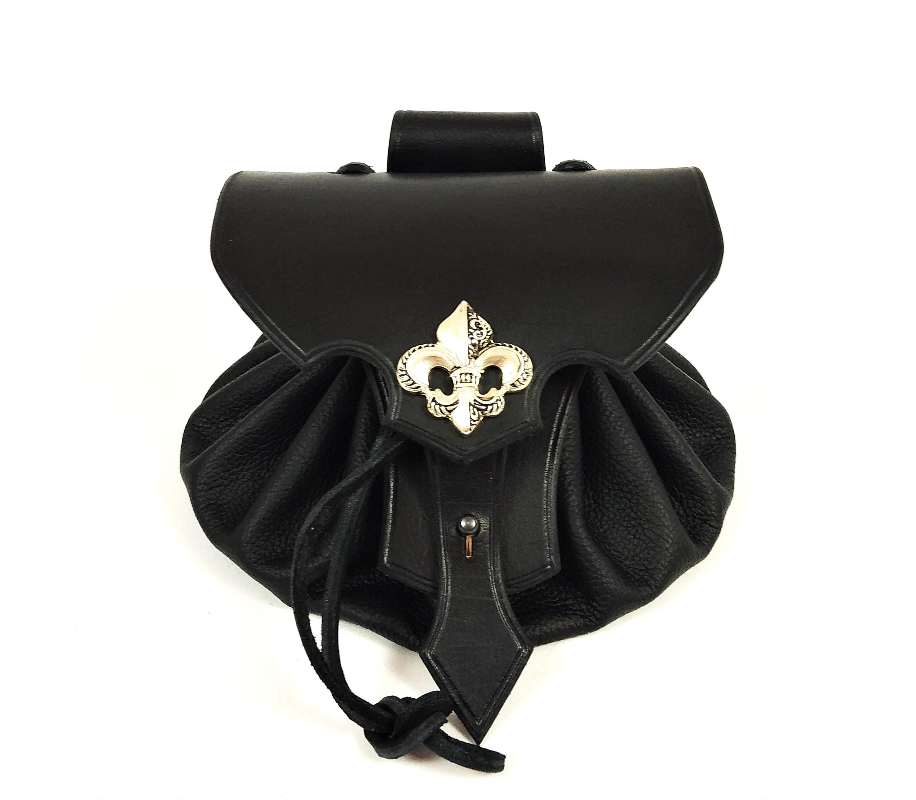 Borsa a tracolla in pelle medievale nera con fleur de lis e