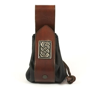 Borsa porta soldi in pelle marrone nera con nodo celtico, rivetto decorativo, borsa in pelle, porta monete fatto a mano, vera pelle, Medioevo, vichingo