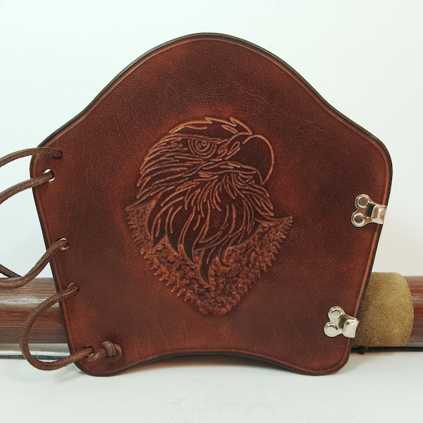 Armguard archery eagle leather brown bow cuff embossed traditional longbow bird stamped