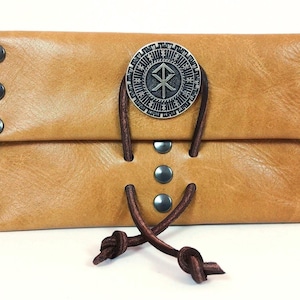 Borsa porta tabacco, porta soldi, BINDE RUNE, borsa in pelle marrone Tyr-Hagal, porta tabacco, porta soldi in pelle bovina, fatta a mano, vichinga, pratica, unisex