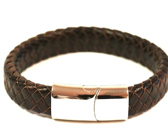 Leather bracelet with stainless steel brown U19cm jewelry braided width 12 mm cowhide magnetic clasp nickel-free biker genuine leather high quality