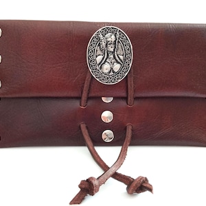 Bolsa de tabaco billetera Viking Valkyrie cuero marrón estuche bolso tabaco práctico remaches decorativos correa de cuero hecho a mano Edad Media