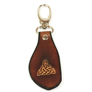 Handmade keyring genuine leather brown Celtic knot triangle embossed unique Celts Middle Ages carabiner Celtic knot