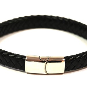 Leather bracelet with stainless steel leather black U23cm jewelry braided width 12 mm cowhide magnetic clasp unisex valuable biker everyday