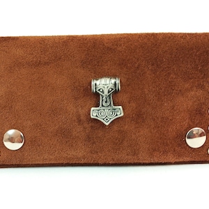 Tabaksbuidel geldbuidel hamer van Thor bruin leren etui met drukknoop suède decoratieve klinknagels handgemaakte klinknagels Viking praktisch
