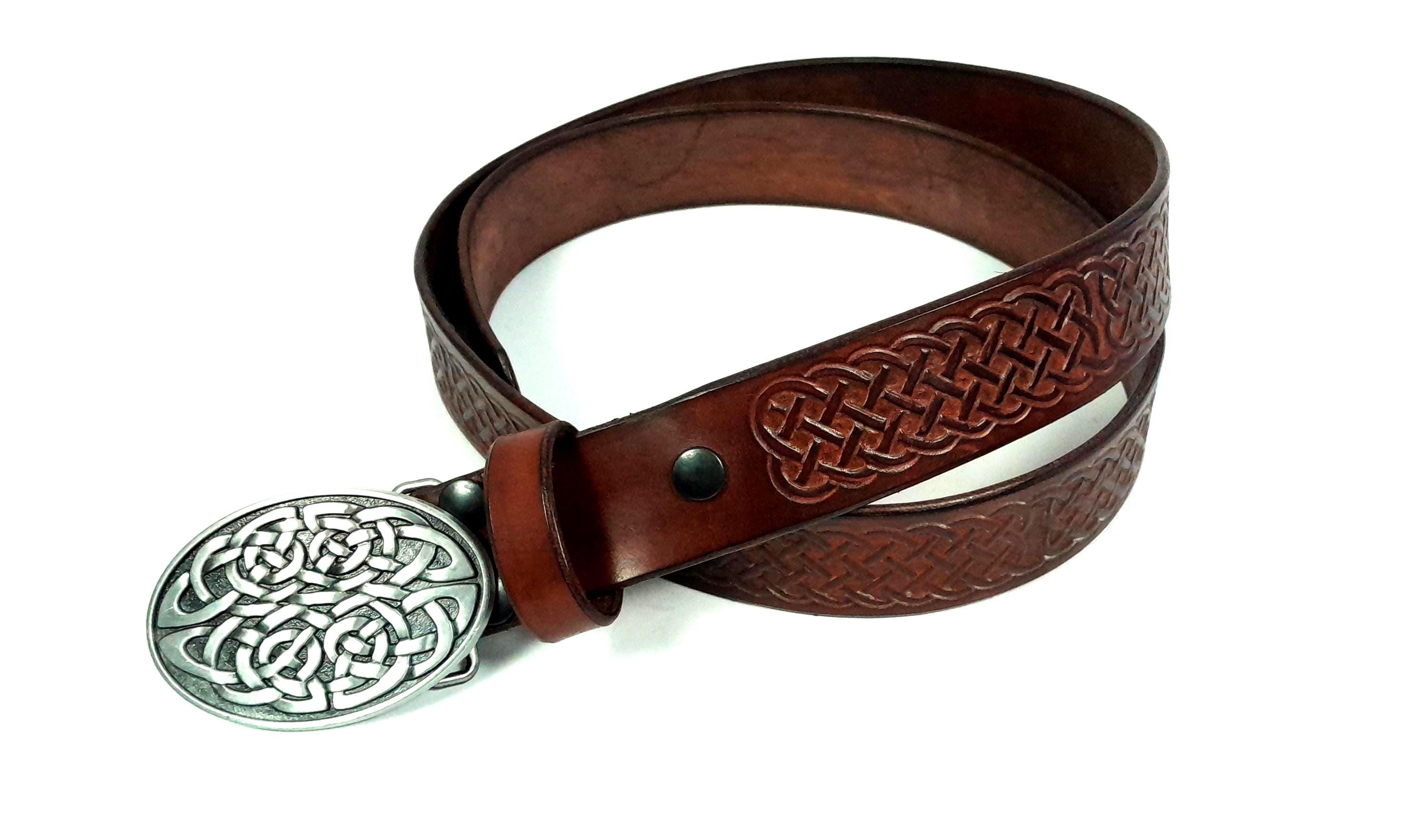 Men's Buckle Interchangeable Belt Leather Brown Punched Belt L130cm W4cm Celtic Knot Size M Celtic Buckle Unique Piece Handmade