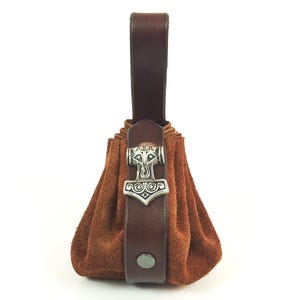 Borsa porta soldi fatta a mano Malmer di Thor in pelle con cintura marrone, borsa in pelle vichinga, martello di Thor, portamonete, rivetto decorativo, vera pelle, unica