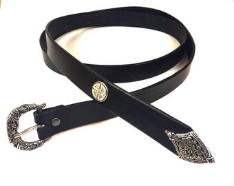 Viking belt Borrestil leather black 170 cm decorative rivet Viking knot shield knot B3cm handmade long belt strap end real leather