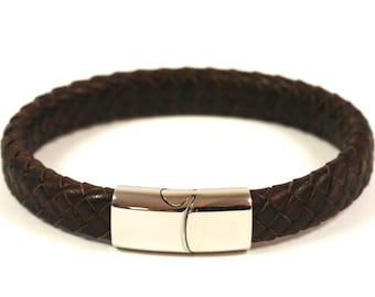Leather bracelet with stainless steel genuine leather brown U19cm jewelry braided width 10 mm cowhide unisex nickel-free biker everyday magnetic clasp