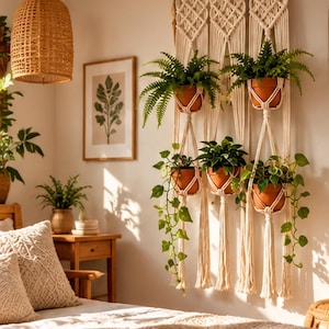 May include: A cream-colored macrame wall hanging featuring five integrated plant holders, each containing a terracotta pot with a green plant. The textile piece is suspended from a wooden rod and includes decorative tassels at the bottom.