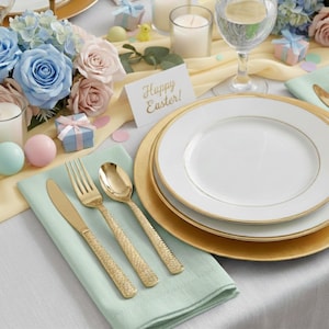 150-Piece Gold Plastic Cutlery Set: Hammered/Pebbled Finish Silverware -Tableware 50 Sets