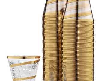 110 Clear Plastic Cups 9 Ounce- Holiday Wedding Party Elegant Gold Trimmed Disposable Cups - Pack of 110 Fancy Cups