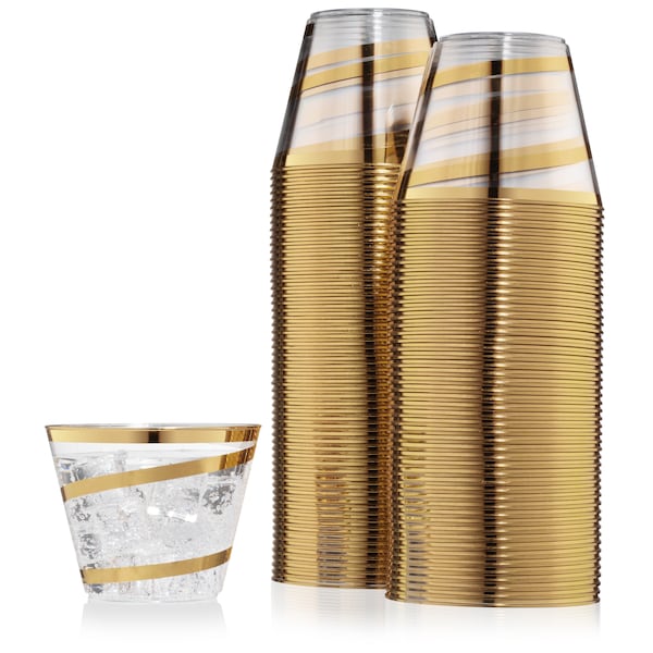 110 Clear Plastic Cups 9 Ounce- Holiday Wedding Party Elegant Gold Trimmed Disposable Cups - Pack of 110 Fancy Cups