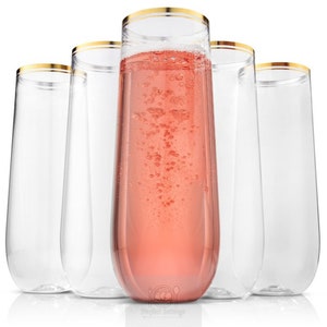 24 Set of Premium Clear or Gold Trimmed Unbreakable Reusable PET Plastic Champagne Flutes - Stemless Glass 9 Ounces