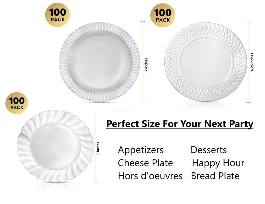 100 Pack Clear Fancy Plastic Plates Heavy Duty Elegant Smaller