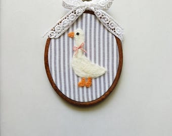 Goose Nursery Decor,Needle Felted Duck, embroidery hoop wall Art,handmade goose baby shower Birthday Gift,shelf for baby