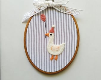 Needle Felted Goose Embroidery Hoop: Handmade Nursery Decor
